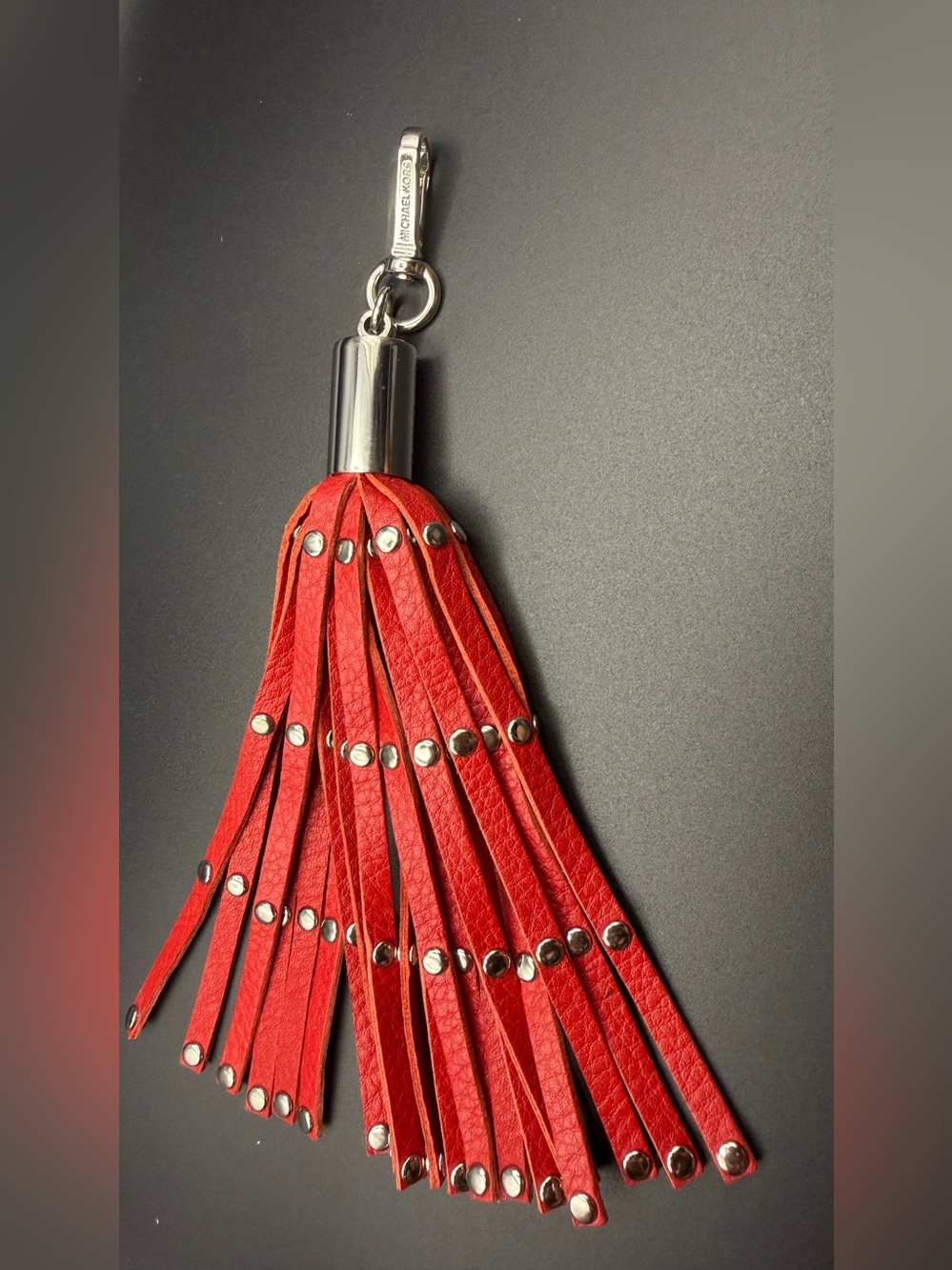 Michael Kors Red Leather Tassel Keychain with Silver Hardware